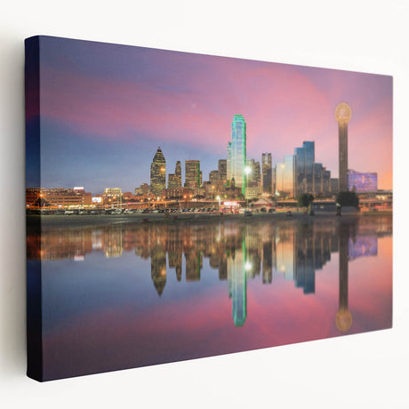 Dallas skyline depicted in muted earth tones on a large stretched canvas, suitable for kitchen wall art.