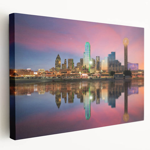 Dallas skyline depicted in muted earth tones on a large stretched canvas, suitable for kitchen wall art.