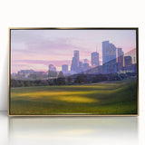 Framed acrylic print of Houston skyline in muted gold tones, ideal for modern art wall decor.