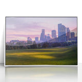 Acrylic print of Houston skyline in art deco style with pastel shades, ideal for modern nursery wall art.