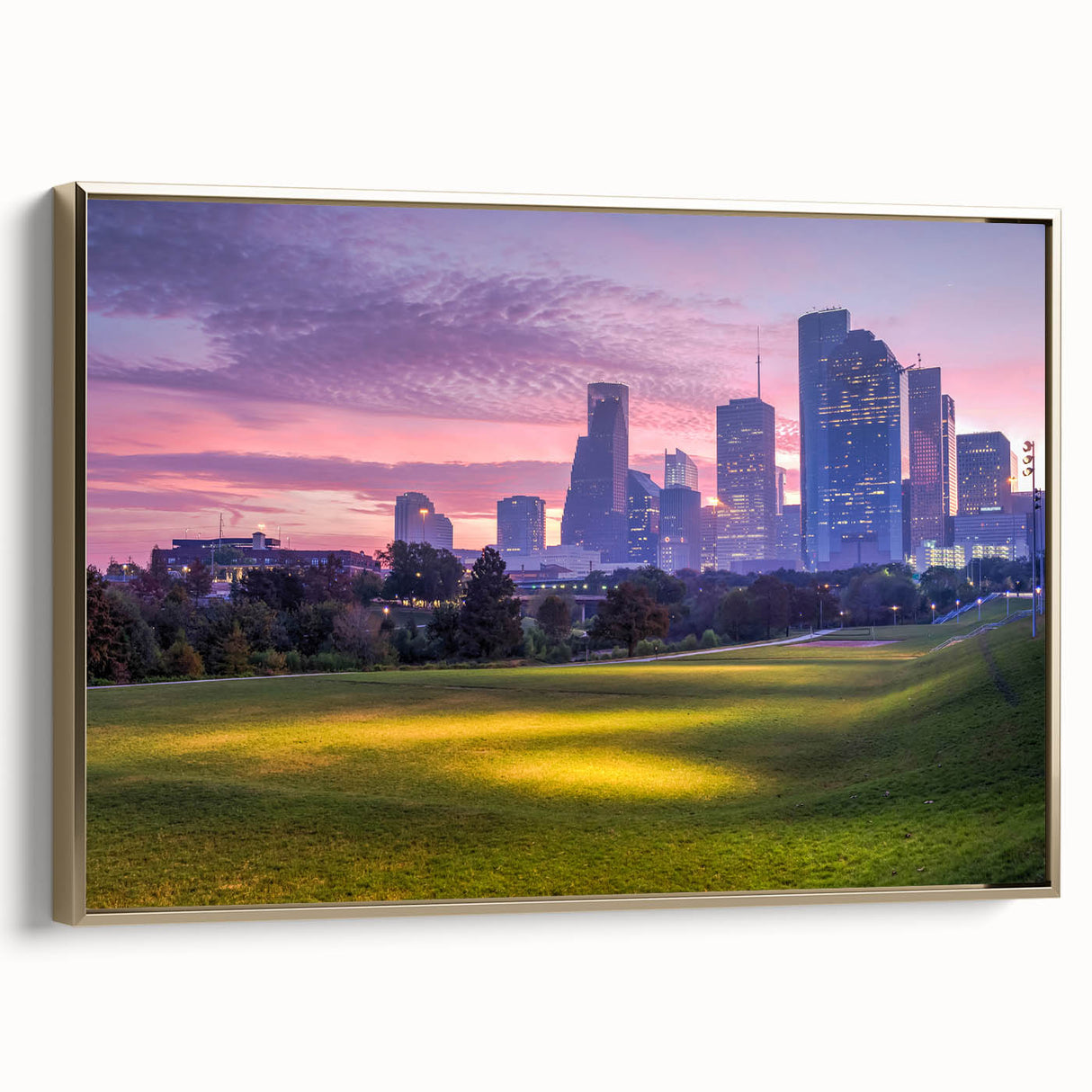 Framed canvas of Houston skyline in black and gold tones, ideal for bedroom wall art.