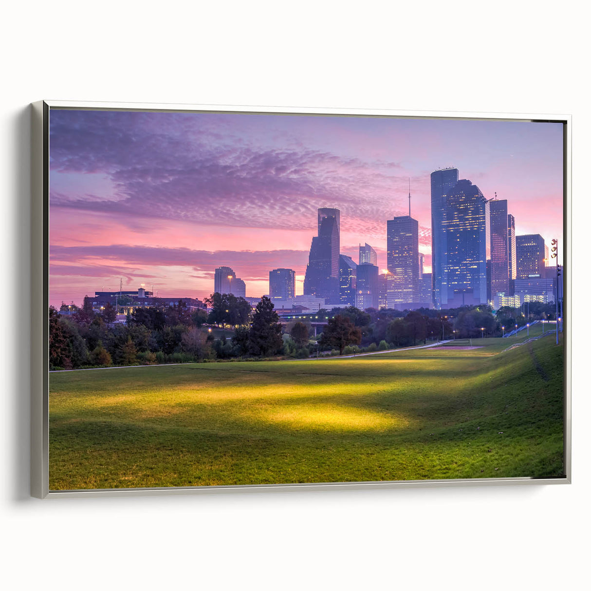 Framed canvas of a vintage Houston landscape painting in colorful tones, ideal for living room decor.