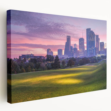 Large canvas print featuring the Houston skyline with muted blue and gray tones, ideal for kitchen wall art.