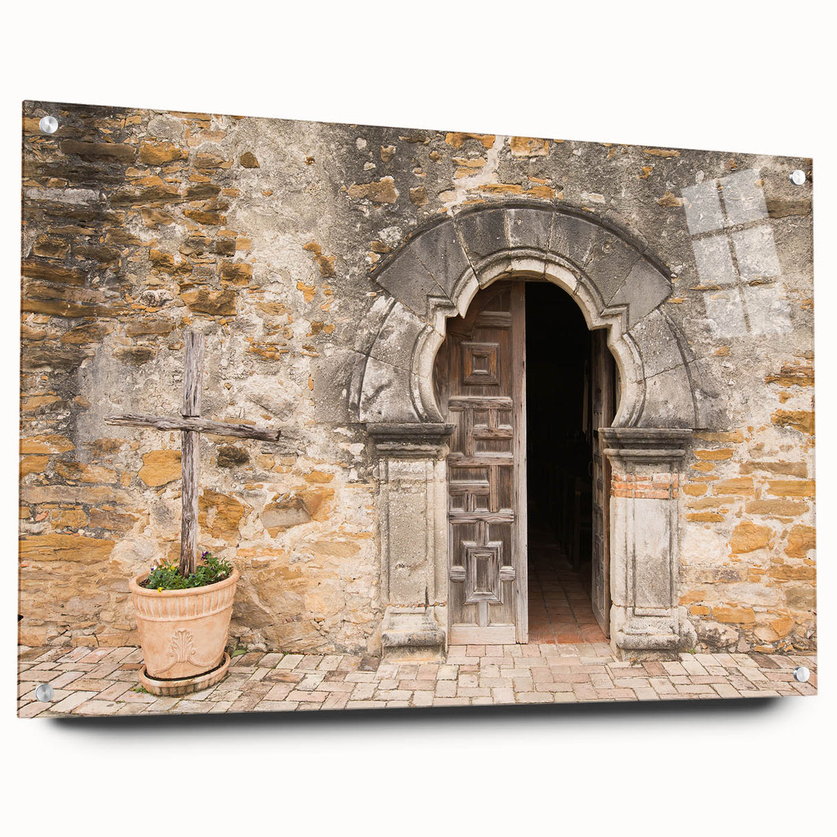 Acrylic print of San Antonio skyline in muted earth tones, suitable for bedroom or dining room decor.