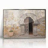 Mid-century modernist art depicting the San Antonio skyline in muted gray and blue tones, framed in silver acrylic.