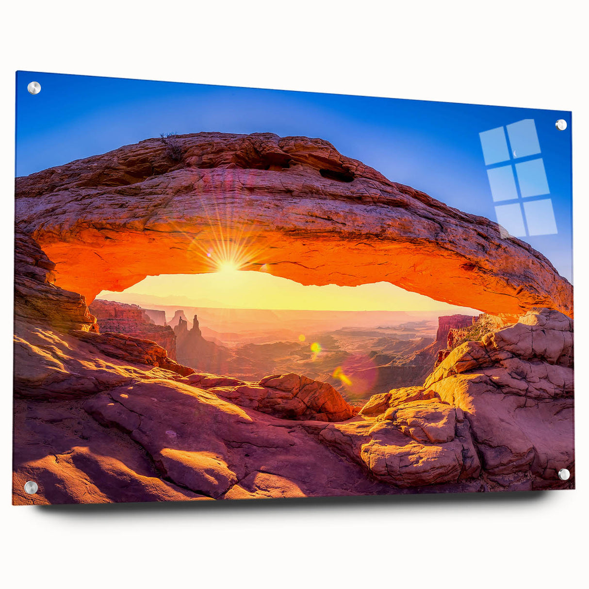 Large abstract depiction of Utah Arches on acrylic glass, featuring earth tones, ideal for bedroom or dining room decor.