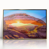 Framed acrylic print of Arches National Park in Utah featuring rich golden hues, ideal for modern art wall decor.