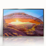 Mid-century modernist art of Arches National Park in Utah, featuring muted earth tones on a framed acrylic print.