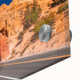 Mid-century modernist Bryce Canyon landscape on acrylic glass, in earthy red and orange tones, ideal for dining room art.