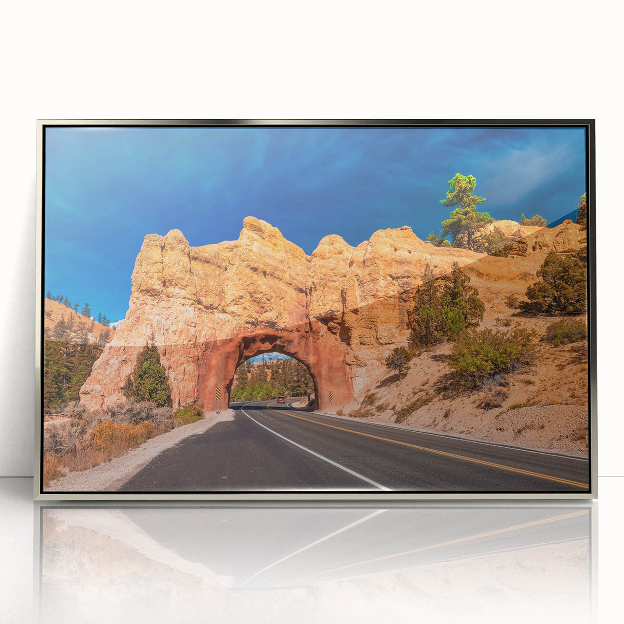 Framed acrylic print of Bryce Canyon in muted orange and red tones, styled in mid-century modernist art.