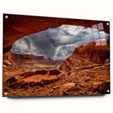 Acrylic print of Canyonlands, USA with vivid orange and red tones, suitable for bedroom or dining room decor.