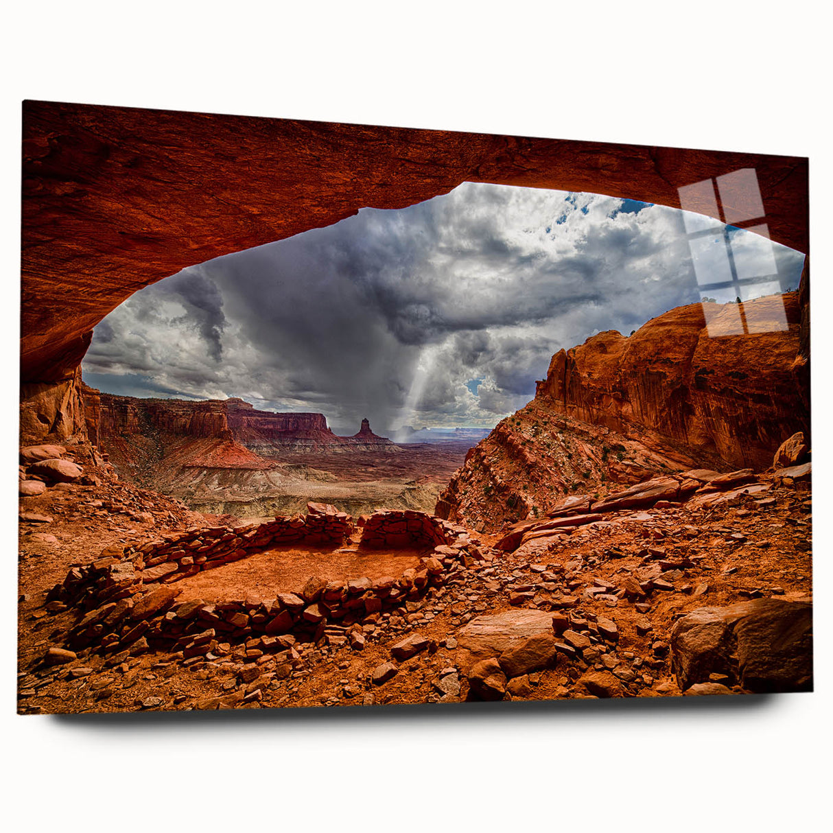 Large abstract wall art of Utah's Canyonlands in muted earth tones on acrylic glass, ideal for bedroom or dining room decor.
