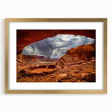 Extra large abstract art print of Canyonlands, featuring textured orange and red hues on a gold-framed canvas.