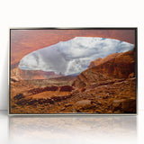 Mid-century modernist art of Canyonlands with muted earth tones on a silver-framed acrylic print.