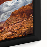 Framed canvas featuring a textured depiction of Canyonlands, Utah, with black and colorful art, ideal for living room decor.