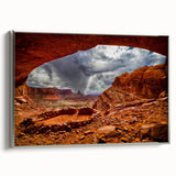 Framed canvas landscape art painting of Canyonlands with colorful sky and black vintage poster style.