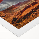 Art deco poster of Canyonlands with orange and red tones on rolled canvas, suited for dining room wall art.