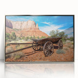 Mid-century modernist art depicting Capitol Reef, Utah in vibrant red and orange tones on a silver-framed acrylic print.