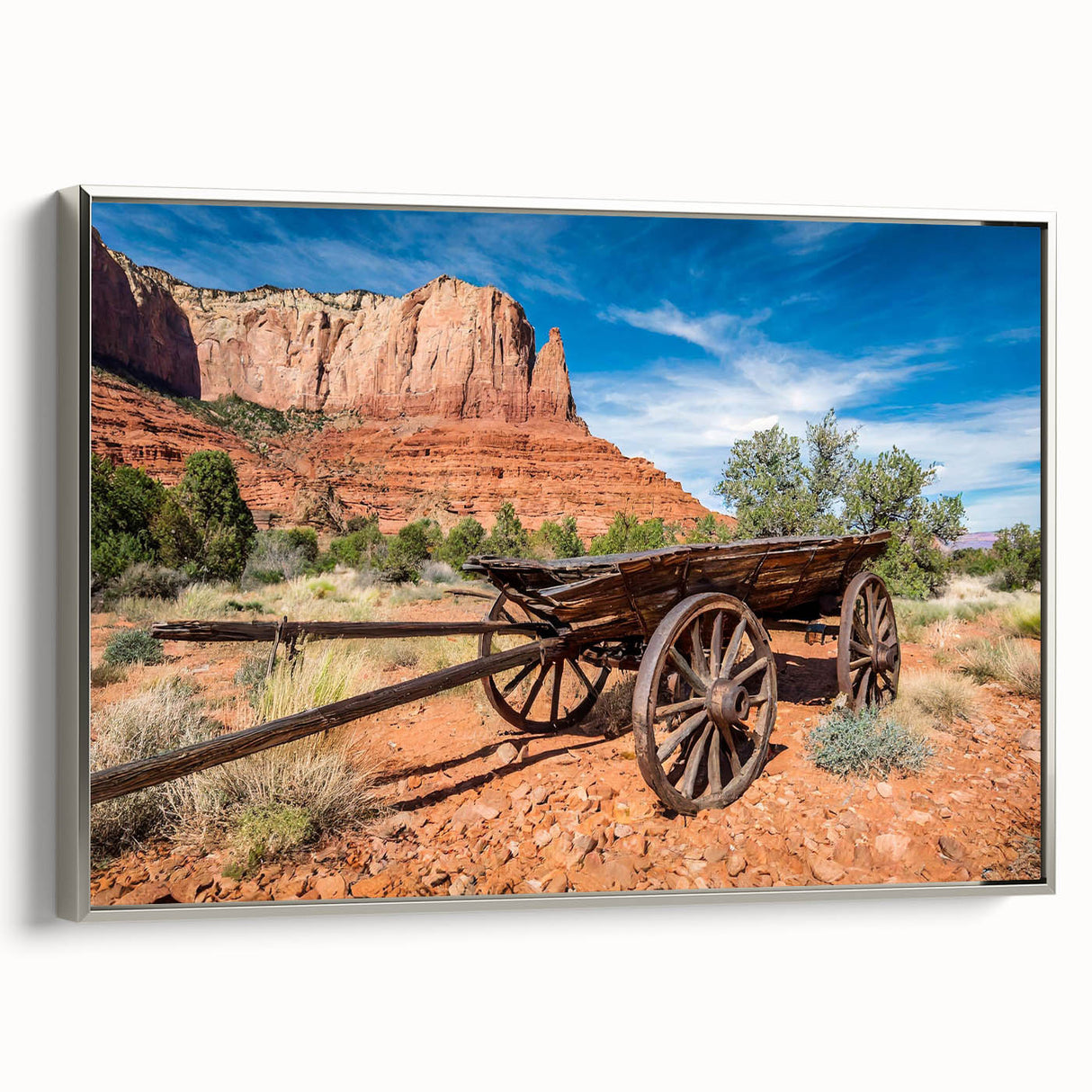 Framed canvas featuring a landscape art painting of Capitol Reef, Utah, with vibrant red and orange tones.