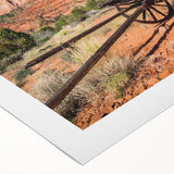 Art deco poster of Capitol Reef, Utah, on rolled canvas with vibrant red and orange tones, suited for dining room wall.