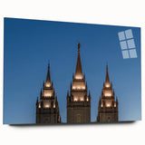 Acrylic print of a large abstract depiction of Salt Lake City, using vibrant blue and orange tones.