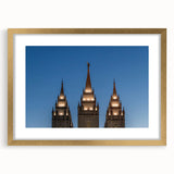 Extra large abstract art print of Salt Lake City, featuring textured gold and blue tones on a framed canvas.