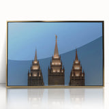 Large art print of Salt Lake City with a golden frame on acrylic, featuring mid-century modernist style.