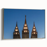 Framed canvas of Salt Lake City landscape with colorful vintage poster art on a black background, ideal for office decor.
