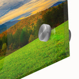 Large abstract wall art depicting Vermont scenery in muted earth tones on acrylic glass, ideal for dining room ambiance.