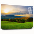 Acrylic print of a Vermont landscape in muted green and blue tones, ideal for dining room decor.