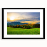 Extra large abstract art print featuring a textured, colorful depiction of Vermont scenery, framed in black.