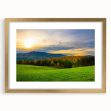 Extra large abstract art print featuring textured scenery of Vermont in muted earth tones, framed in gold.