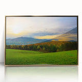 Framed acrylic print of a Vermont landscape in mid-century modernist style, featuring muted earth tones.