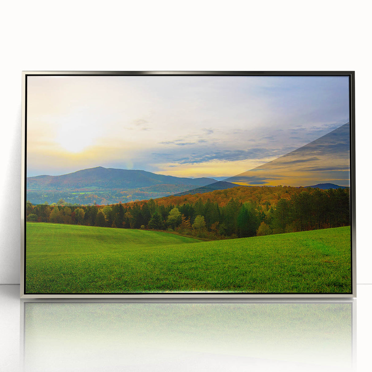 Mid-century modernist art depicting a serene Vermont landscape in muted earth tones on a framed acrylic print.