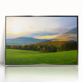 Mid-century modernist art depicting a serene Vermont landscape in muted earth tones on a framed acrylic print.