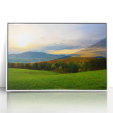 Acrylic print of a serene Vermont landscape in soft pastel shades, framed in white, suitable for modern nursery decor.