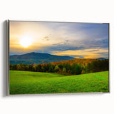 Framed canvas featuring a vintage-style landscape painting of Vermont scenery in muted earth tones.