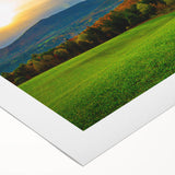 Art deco poster of a serene Vermont landscape in muted green and blue tones on rolled canvas, suitable for dining room decor.