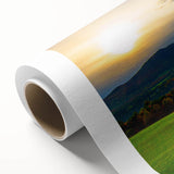 Art deco poster of Vermont scenery in muted green and blue tones on rolled canvas, ideal for nursery wall art.