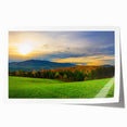 Vermont landscape with floral elements in muted greens and browns on a rolled canvas, suitable for dining room wall art.
