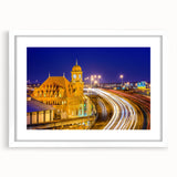 Abstract art print of Virginia scenery in muted green and blue tones on a white-framed canvas.