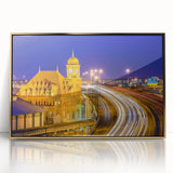 Large art print of Virginia scenery in mid-century modernist style, framed in acrylic with gold tones.