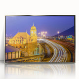 Mid-century modernist art depicting Virginia scenery in muted pastel shades on a silver-framed acrylic print.