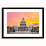 Abstract art print of Washington DC Capitol in colorful, textured style on a large black framed canvas.