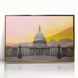 Acrylic print of the Washington DC Capitol in gold tones, framed, reflecting mid-century modernist style.