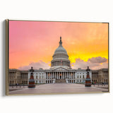 Framed canvas of Washington D.C. Capitol with a vintage poster style in black and gold tones, ideal for bedroom wall art.