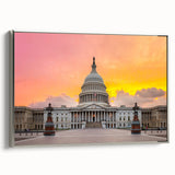 Framed canvas depicting a vintage-style landscape of the Washington D.C. Capitol in muted colors, ideal for office decor.