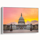 Vintage poster art of Washington D.C. Capitol on framed canvas, featuring a monochrome palette, ideal for living room decor.