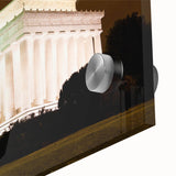 Mid-century modernist abstract depiction of the Lincoln Memorial in muted gray and blue tones on acrylic glass.