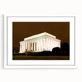 Abstract art print of the Lincoln Memorial in muted gray tones on a framed white mat, ideal for dining room decor.